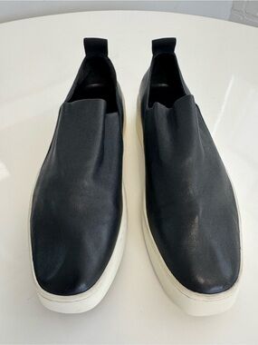 Vince Black Leather Slip-On Sneakers with White Platform Sole